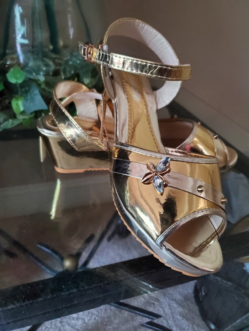 AMETA Mirror Gold Metallic Women’s Ankle-Strap WedgeHeels with Decorative Accent